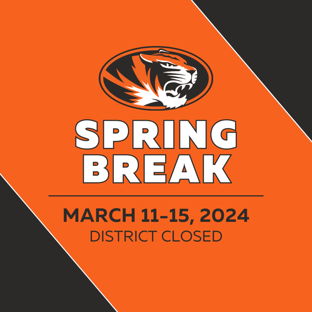Orange box, black corners with the words "SPRING BREAK, MARCH 11-15, 2024, DISTRICT CLOSED"