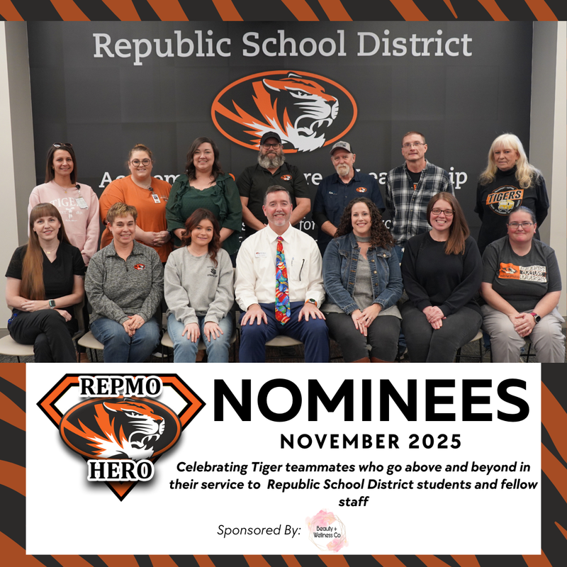 Tiger stripe background, photo of staff members sitting and standing together, a Tiger head badge with "REPMO HERO" on it, then text that reads "NOMINEES NOVEMBER 2025"