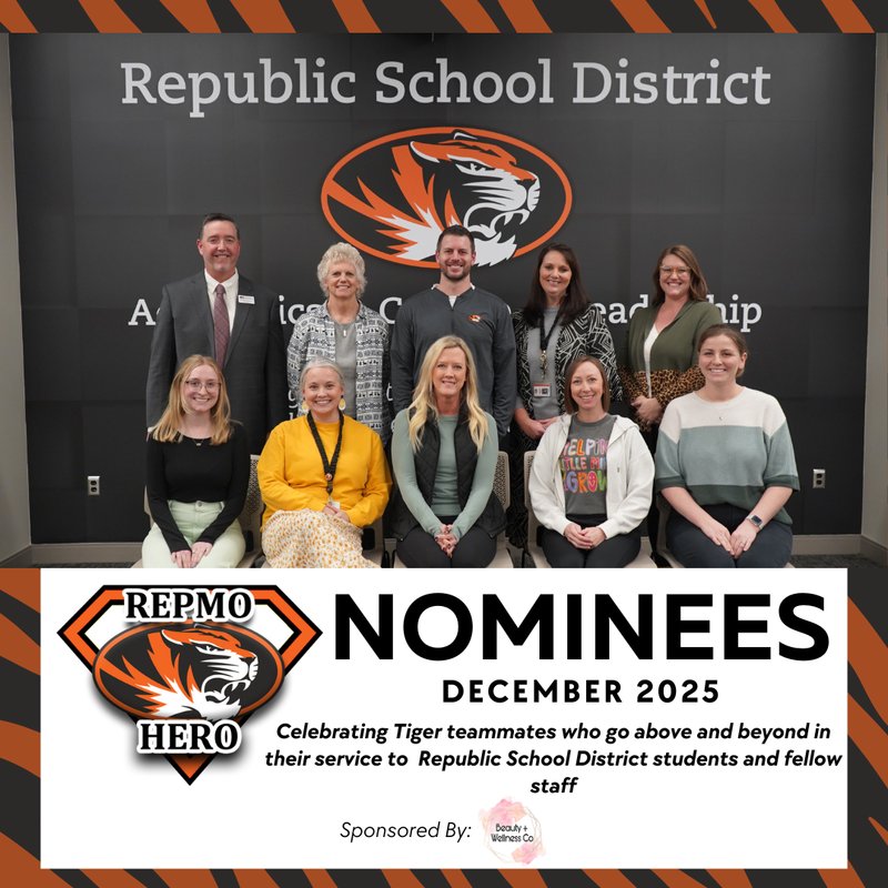 Tiger stripe background, photo of staff members sitting and standing together, a Tiger head badge with "REPMO HERO" on it, then text that reads "NOMINEES DECEMBER 2025"
