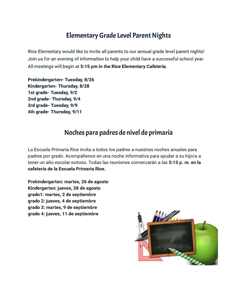 Elementary Grade Level Parent Nights flyer