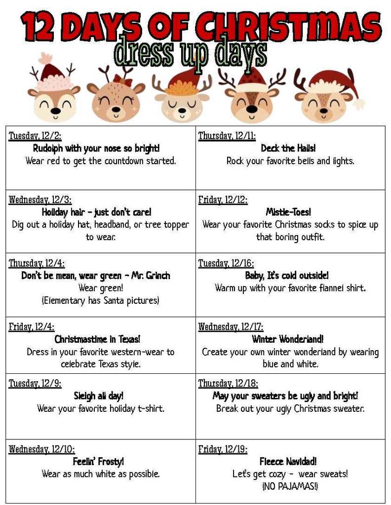 12 days of Christmas dress up days flyer