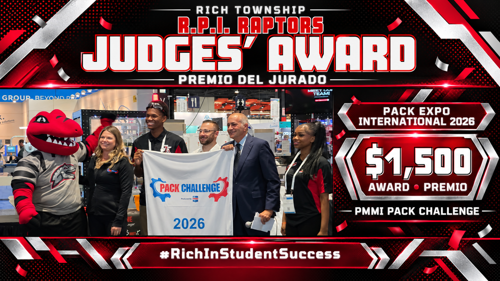 Alt text — English: Wide red, black, and silver graphic celebrating the R.P.I. Raptors’ Judges’ Award and $1,500 prize at PACK EXPO International 2026, featuring the group photo with Richie and bilingual award text. Texto alternativo — Español: Gráfico horizontal rojo, negro y plateado que celebra el Premio del Jurado y los $1,500 obtenidos por los R.P.I. Raptors en PACK EXPO International 2026, con una foto del grupo junto a Richie y texto bilingüe.
