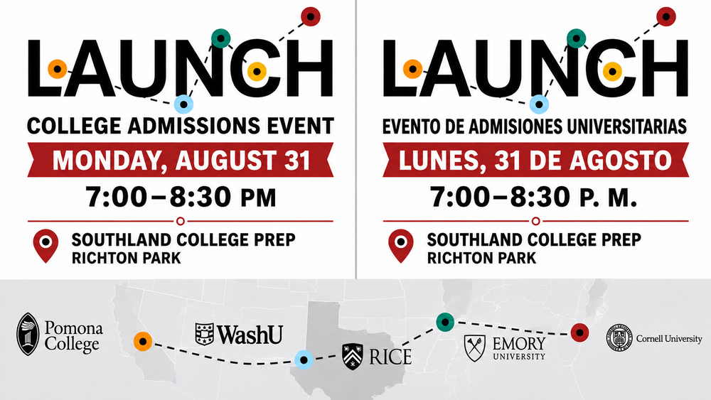 Bilingual LAUNCH College Admissions Event graphic with English on the left and Spanish on the right. The event is Monday, August 31, from 7:00–8:30 p.m. at Southland College Prep in Richton Park. A U.S. map highlights five participating colleges and universities.