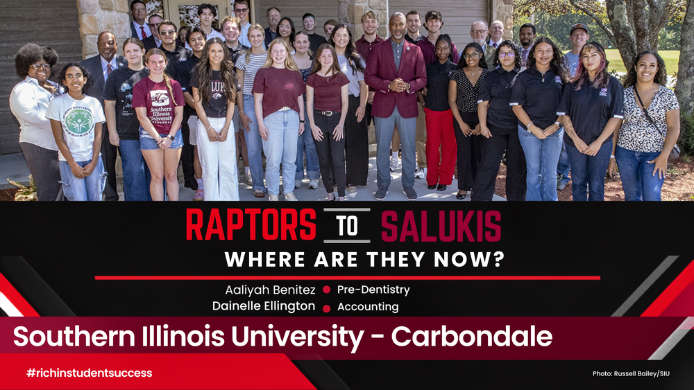 Red, black and white “Raptors to Salukis” follow-up graphic featuring Rich Township STEM Campus graduates Aaliyah Benitez and Dainelle Ellington. Aaliyah is studying pre-dentistry and Dainelle is studying accounting at Southern Illinois University Carbondale.