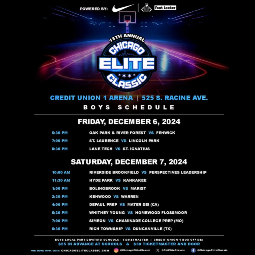 We are thrilled to announce that our Rich Township Raptors Boys Basketball team will be competing in the prestigious 13th Annual Chicago Elite Classic on December 7th! Our team will face off against the Panthers from Duncanville, Texas, in an exciting matchup at the Credit Union 1 Arena in Chicago. This is a great opportunity to show your Raptor pride and support our players on a big stage! Game Details: • Date: Saturday, December 7th • Time: 8:30 PM • Location: Credit Union 1 Arena, 525 S. Racine Ave. Ticket Information: • Presale Price: $25 (available online) • At the Gate: $30 Tickets can be purchased in advance through the following link: Purchase Tickets. Once you have completed your purchase, you will receive instructions on how to pick up your ticket(s). Let’s pack the arena and cheer our team to victory! Thank you for your continued support of Rich Township Athletics. For more information, please reach out to the Athletic Department at (708) 679-3030.
