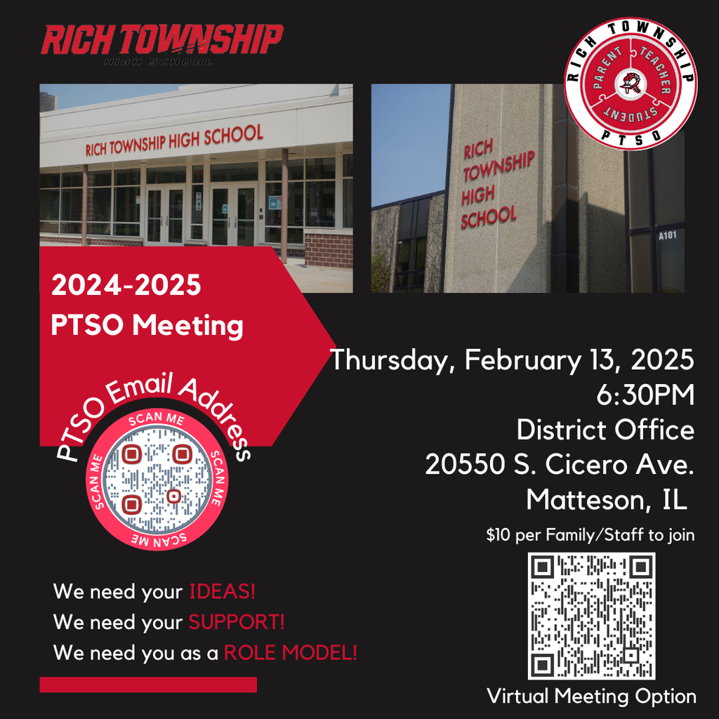 Join us for the PTSO Meeting Thursday, February 13th at 6:30PM at the District Office, 20550 S. Cicero Ave., Matteson, IL or online: https://us02web.zoom.us/j/9630893234?pwd=NvnhYODObosQjxcuArqbCFBGP8DPsx.1
