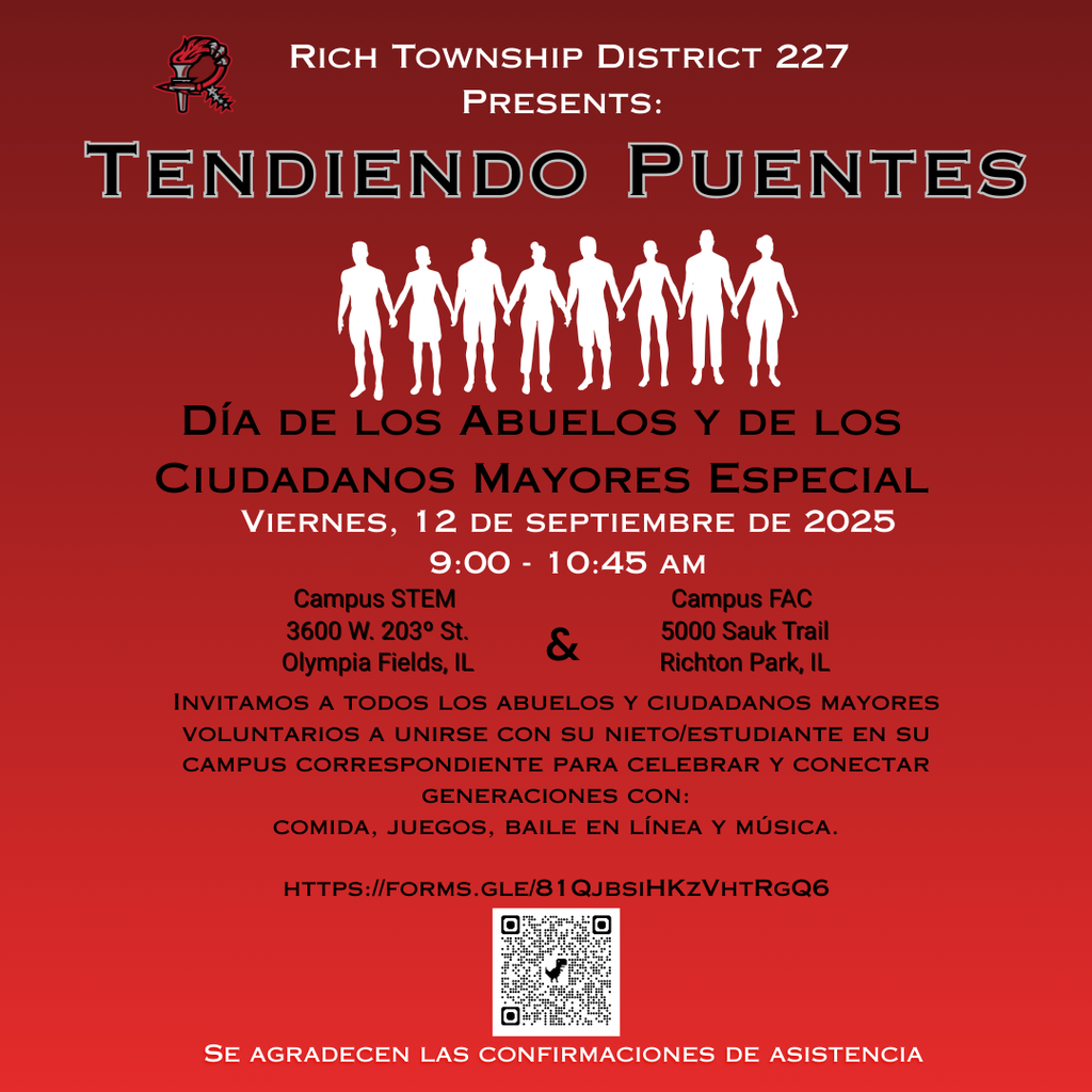 📣 Join us for Grandparents & Special Senior Citizens’ Day at Rich Township! 🗓 Friday, September 12, 2025 | ⏰ 9:00–10:45 AM 📍 STEM Campus (Olympia Fields) & FAC Campus (Richton Park) A morning filled with food, games, line dancing, and music — celebrating and connecting generations. 👉 RSVP here: https://forms.gle/81QJbsiHKzVhtRgQ6  📣 ¡Acompáñenos al Día de los Abuelos y Ciudadanos Mayores Especiales el viernes 12 de septiembre, 9–10:45 AM en Rich Township! 🎶🍴