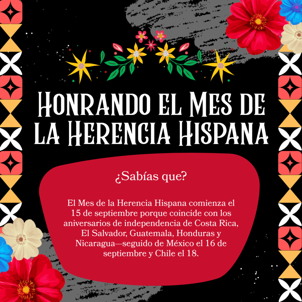 📅 Esta semana en el Mes de la Herencia Hispana ¿Sabías que el Mes de la Herencia Hispana comienza el 15 de septiembre para honrar los días de independencia de Costa Rica, El Salvador, Guatemala, Honduras y Nicaragua? ¡México celebra el 16 de septiembre y Chile el 18! #MesDeLaHerenciaHispana #richinstudentsuccess