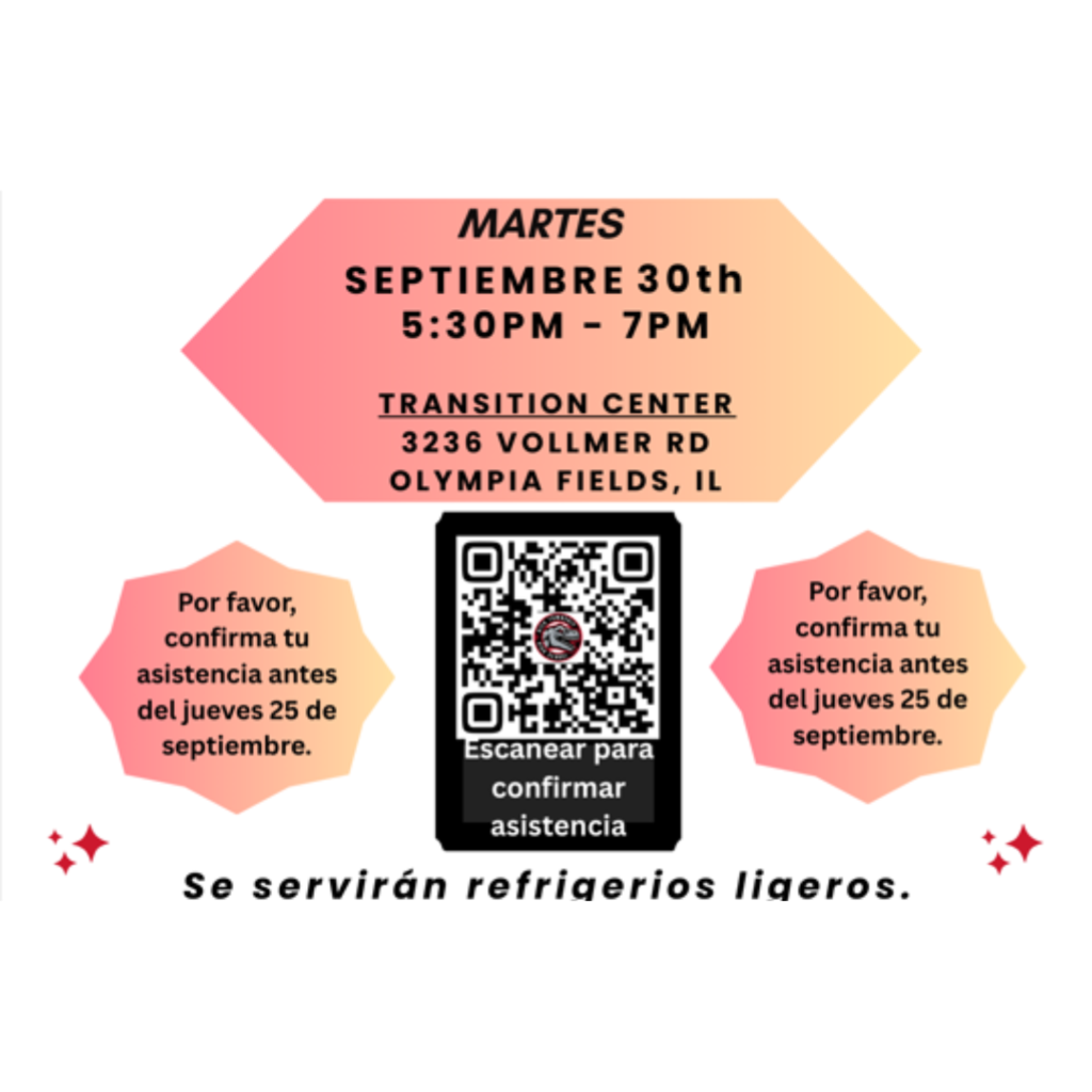 🎓 Reunión para Padres – Apoyo para la Universidad y la Carrera 🎓 Se invita a las familias de estudiantes que reciben servicios de apoyo estudiantil a una reunión para padres organizada por RTHS y el Departamento de Servicios de Rehabilitación de Illinois (DRS). Aprenda cómo DRS puede ayudar a su estudiante a pagar la universidad y/o encontrar un trabajo después de la preparatoria. 📅 Martes, 30 de septiembre 🕠 5:30 PM – 7:00 PM 📍 Transition Center, 3236 Vollmer Rd, Olympia Fields, IL ✨ Se servirán refrigerios ligeros ✨ 👉 ¡Confirme su asistencia antes del jueves, 25 de septiembre!