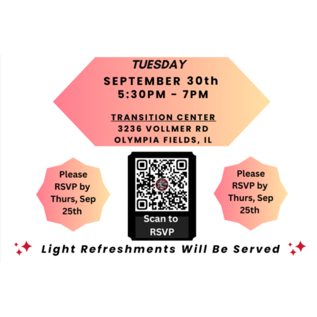 🎓 Parent Meeting – Support for College & Career 🎓 Families of students receiving student support services are invited to a Parent Meeting hosted by RTHS & the Illinois Department of Rehabilitation Services (DRS). Learn how DRS can help your student pay for college and/or find a job after high school. 📅 Tuesday, September 30th 🕠 5:30 PM – 7:00 PM 📍 Transition Center, 3236 Vollmer Rd, Olympia Fields, IL ✨ Light refreshments will be served ✨ 👉 RSVP by Thursday, September 25th!