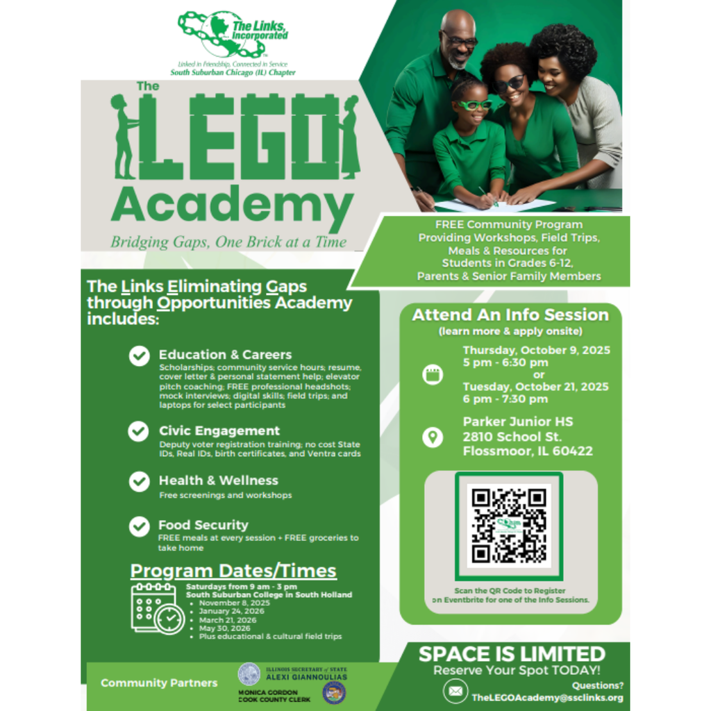 We are excited to announce that our students have the opportunity to participate in The LEGO Academy (Links Eliminating Gaps through Opportunities Academy) — a FREE community program offering workshops, field trips, meals, and resources. This program is open to students in grades 6–12, along with parents and senior family members. RTHS INTEREST FORM Why Attend? The program provides: Education & Careers: Scholarships, service hours, resume and cover letter help, professional headshots, mock interviews, digital skills training, field trips, and more. Civic Engagement: Voter registration training, free state IDs, Real IDs, birth certificates, and Ventra cards. Health & Wellness: Free screenings and workshops. Food Security: Free meals at every session plus free groceries to take home. Information Sessions Students and families are invited to attend an information session either date: Thursday, October 9, 2025 | 5:00 – 6:30 PM Tuesday, October 21, 2025 | 6:00 – 7:30 PM 📍 Parker Junior High School, 2810 School St., Flossmoor, IL 60422 Program Dates Held on Saturdays, 9 AM – 3 PM at South Suburban College, South Holland November 8, 2025 January 24, 2026 March 21, 2026 May 30, 2026 👉 Space is limited! Reserve your spot today. 👉 Click here to register via Eventbrite