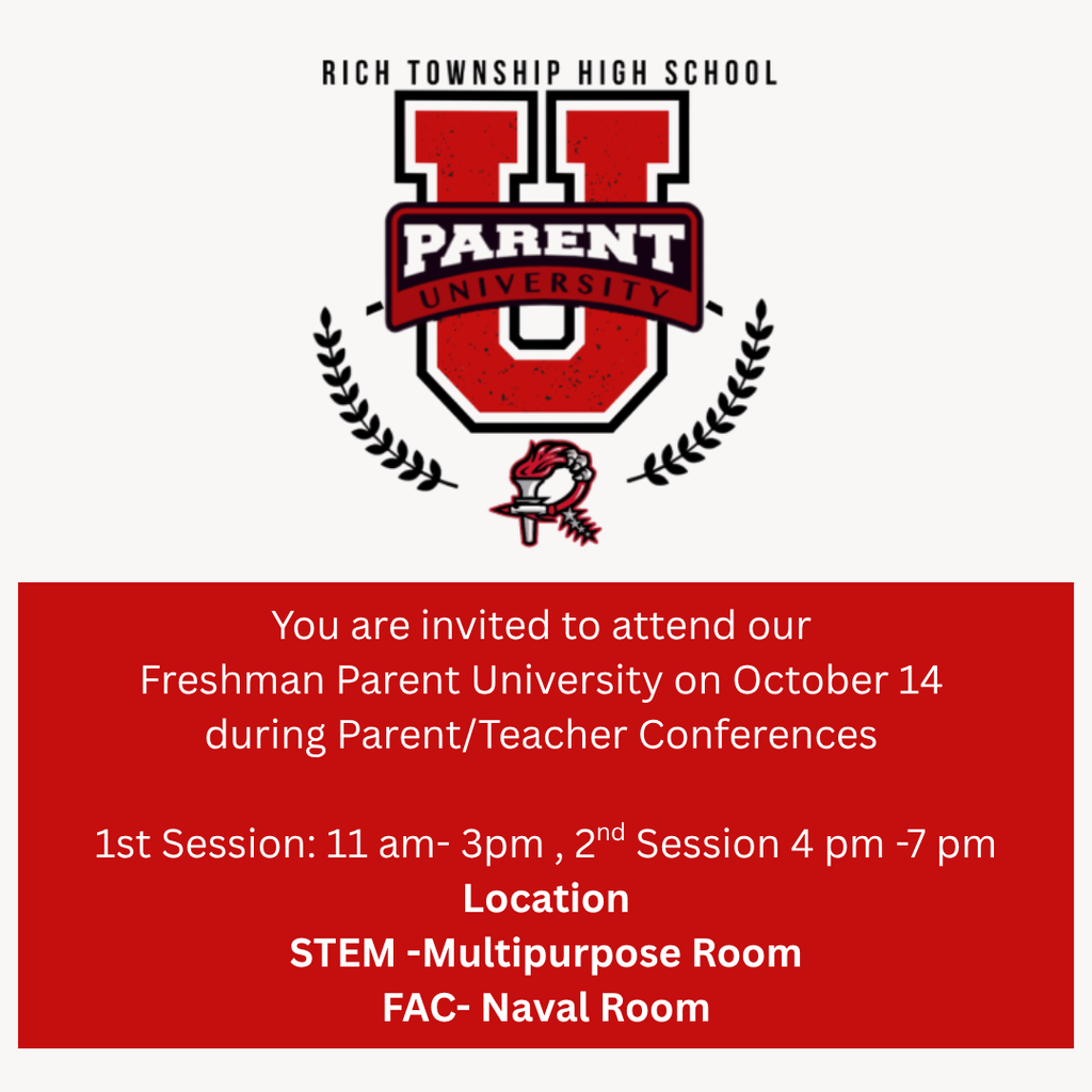 🎓 Calling all RTHS Freshman Families! Join us for Freshman Parent University on October 14 during Parent/Teacher Conferences. 🕐 Two sessions available: • 11 AM – 3 PM • 4 PM – 7 PM 💡 Learn about: Graduation Requirements, Grades & Credits, Raptor Readiness, Career Pathways, Course Selection, Counseling Curriculum, and NCAA/NAIA Eligibility! 📍 Locations: FAC – Naval Room STEM – Multipurpose Room #RaptorReady #RichInStudentSuccess #RTHS ________________________________________ 🎓 ¡Llamando a todas las familias de estudiantes de primer año de RTHS! Acompáñenos en la Universidad para Padres de Estudiantes de Primer Año el 14 de octubre durante las Conferencias de Padres y Maestros. 🕐 Dos sesiones disponibles: • 11 a.m. – 3 p.m. • 4 p.m. – 7 p.m. 💡 Aprenderá sobre: Requisitos de graduación, calificaciones y créditos, preparación Raptor, rutas profesionales, selección de cursos, plan de consejería y elegibilidad NCAA/NAIA. 📍 Ubicaciones: FAC – Salón Naval STEM – Salón de usos múltiples #RaptorReady #RichInStudentSuccess #RTHS