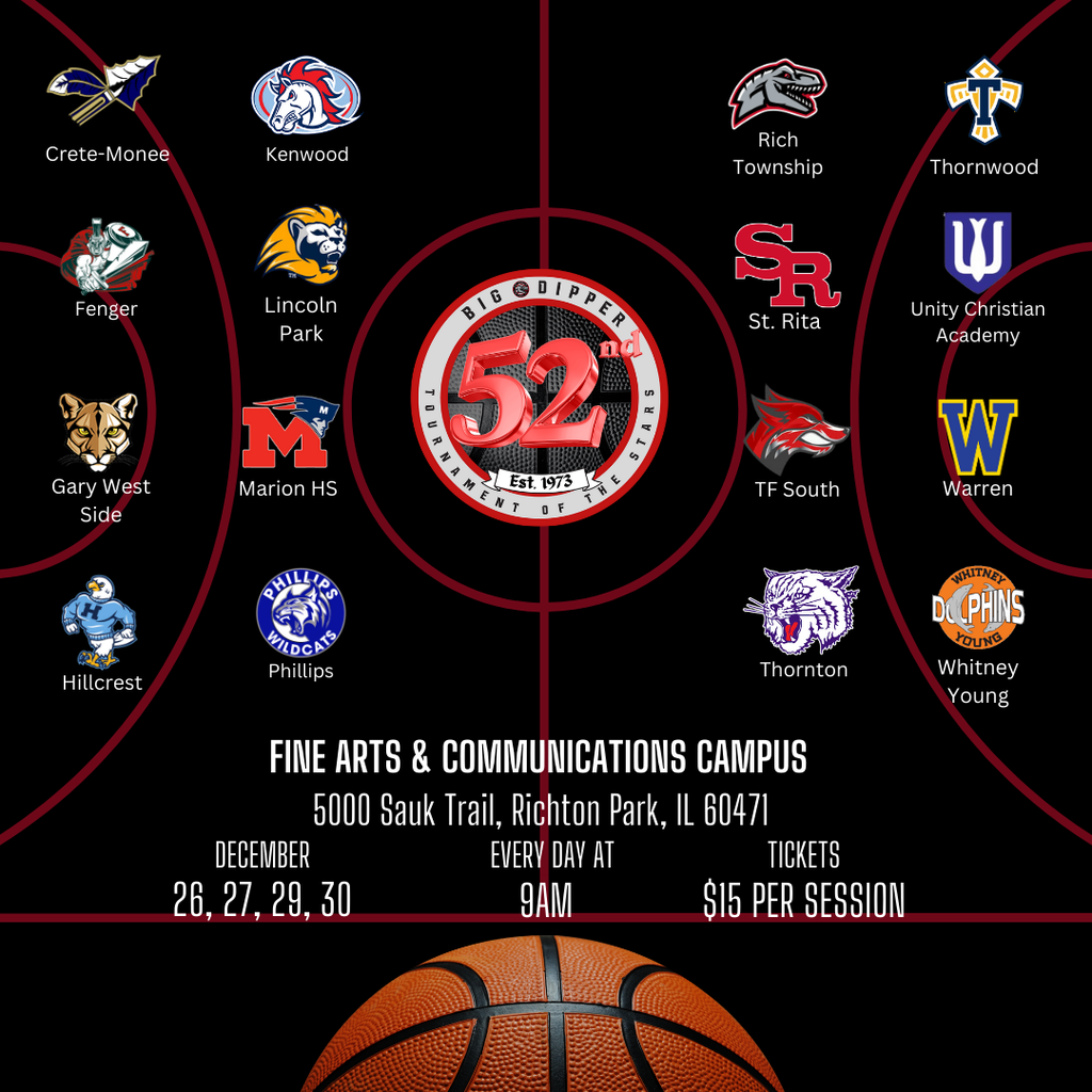 BRACKET DROP 🏀 The 52nd Annual Big Dipper Tournament of the Stars bracket is LIVE! New teams, big-time matchups and four days of hoops at Rich Township (Dec. 26, 27, 29, 30 • games start 9AM • $15/session). Who you got cutting down the nets? #Dipper52 #richinstudentsuccess