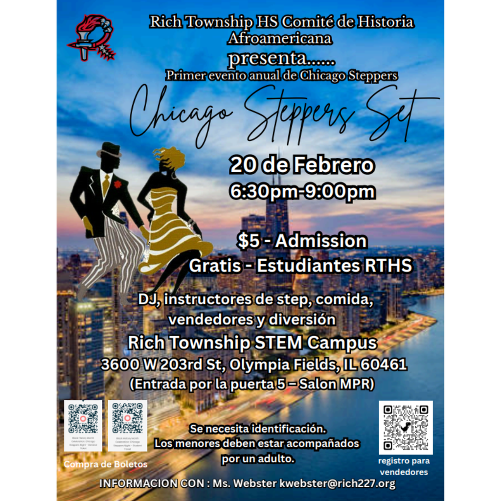 Volante que promociona el evento Chicago Steppers Set por el Mes de la Historia Afroamericana el viernes 20 de febrero. Incluye instructor de step, DJ en vivo, refrigerios, puertas abren a las 6:00 p. m., entrada general $5, estudiantes gratis con número de identificación estudiantil y tarifa para vendedores de $25 con enlaces de registro.