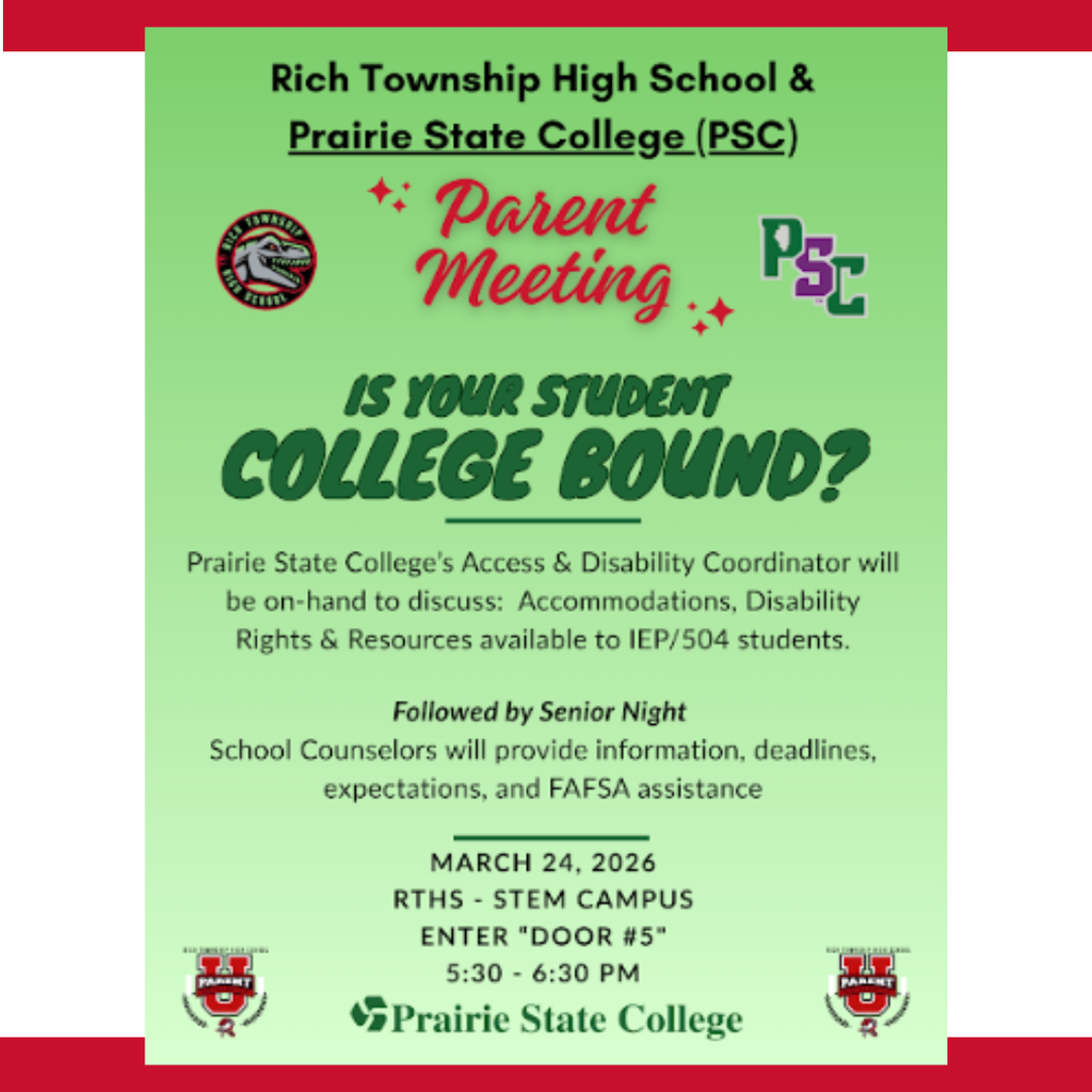 Graphic announcing that the Parent University/Prairie State College Senior Night – PSC Disability Services Presentation has been rescheduled due to inclement weather. The new date is Tuesday, March 24, 2026, at 5:30 p.m. The event will take place in the Multi-purpose Room, and guests should enter through Door 5.