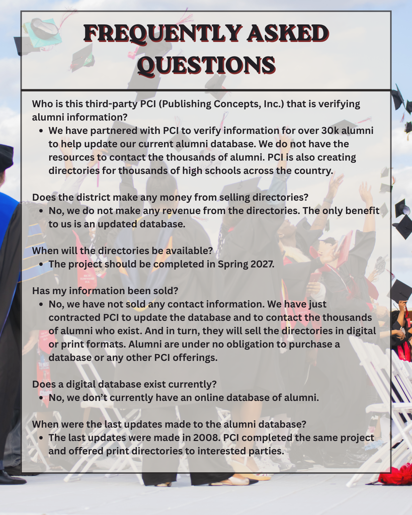 Calling all Rich Township alumni from Rich Central, Rich East, Rich South, and recent graduates of Rich Township High School — we want to stay connected! As our district has evolved over the years, our alumni community remains an important part of our story. Beginning in late March, PCI (Publishing Concepts, Inc.) will contact alumni by postcard, email, and phone to help us verify and update contact information for a new alumni directory planned for Spring 2027. There is no obligation to purchase anything — we simply appreciate your help in keeping our records current and our alumni network strong.