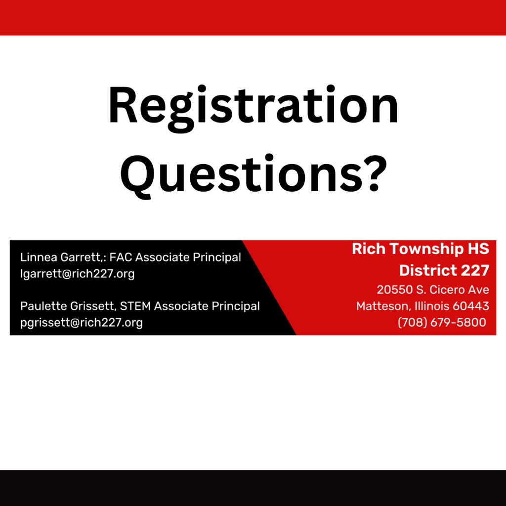 Online registration for the 2026-27 school year is now open for returning 10th-12th grade students. Secure your spot in your preferred courses by registering early! Visit https://www.rich227.org/page/registration for instructions. Need assistance? Stay tuned for targeted updates starting May 4th.