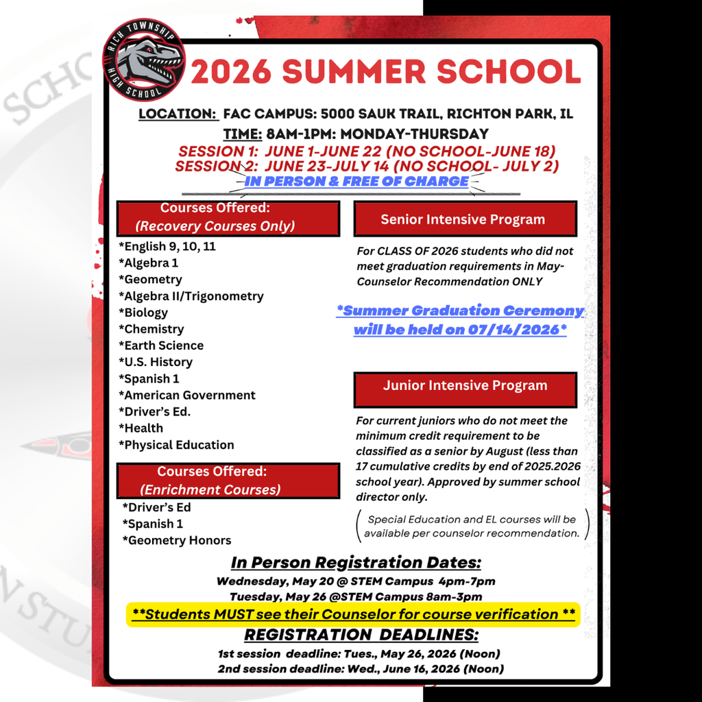 Summer School 2026 information is now available for District 227 students. Classes will be held in person at the FAC Campus, Monday through Thursday from 8:00 AM to 1:00 PM. In-person registration will take place at the STEM Campus on May 20 from 4:00–7:00 PM and May 26 from 8:00 AM–3:00 PM. Students must see their counselor before registering.