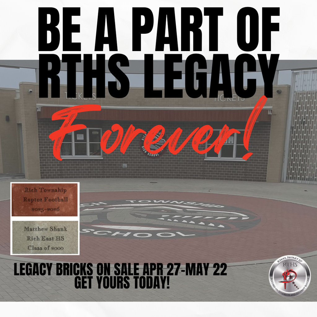 Leave a lasting mark at RTHS! Our Legacy Brick Program is now open. Fall Sale: Nov 17–Dec 12 | Spring Sale: Apr 13–May 1.  Bricks take 8–12 weeks to install.  Honor a student, memorialize a loved one, or show your Raptor Pride.  Purchase here: https://omella.com/0zf1u  #RaptorPride #RichInStudentSuccess