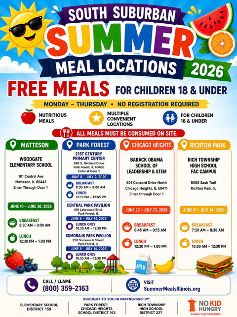 Free summer meals are available for children ages 18 and under at multiple South Suburban locations this summer. Meals are served Monday through Thursday. No registration is required, and all meals must be consumed on site. Locations include Matteson, Park Forest, Chicago Heights, and Richton Park, including Rich Township High School’s FAC Campus. For more information, call (800) 359-2163 or visit SummerMealsIllinois.org.