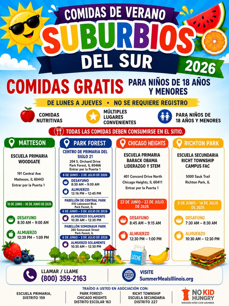 Este verano habrá comidas gratuitas disponibles para niños de 18 años o menos en varios lugares del área suburbana del sur. Las comidas se servirán de lunes a jueves. No se requiere inscripción, y todas las comidas deben consumirse en el lugar. Los lugares incluyen Matteson, Park Forest, Chicago Heights y Richton Park, incluyendo el campus FAC de Rich Township High School. Para más información, llame al (800) 359-2163 o visite SummerMealsIllinois.org. #RTHSD227 #ComidasDeVerano #ApoyoComunitario #richinstudentsuccess