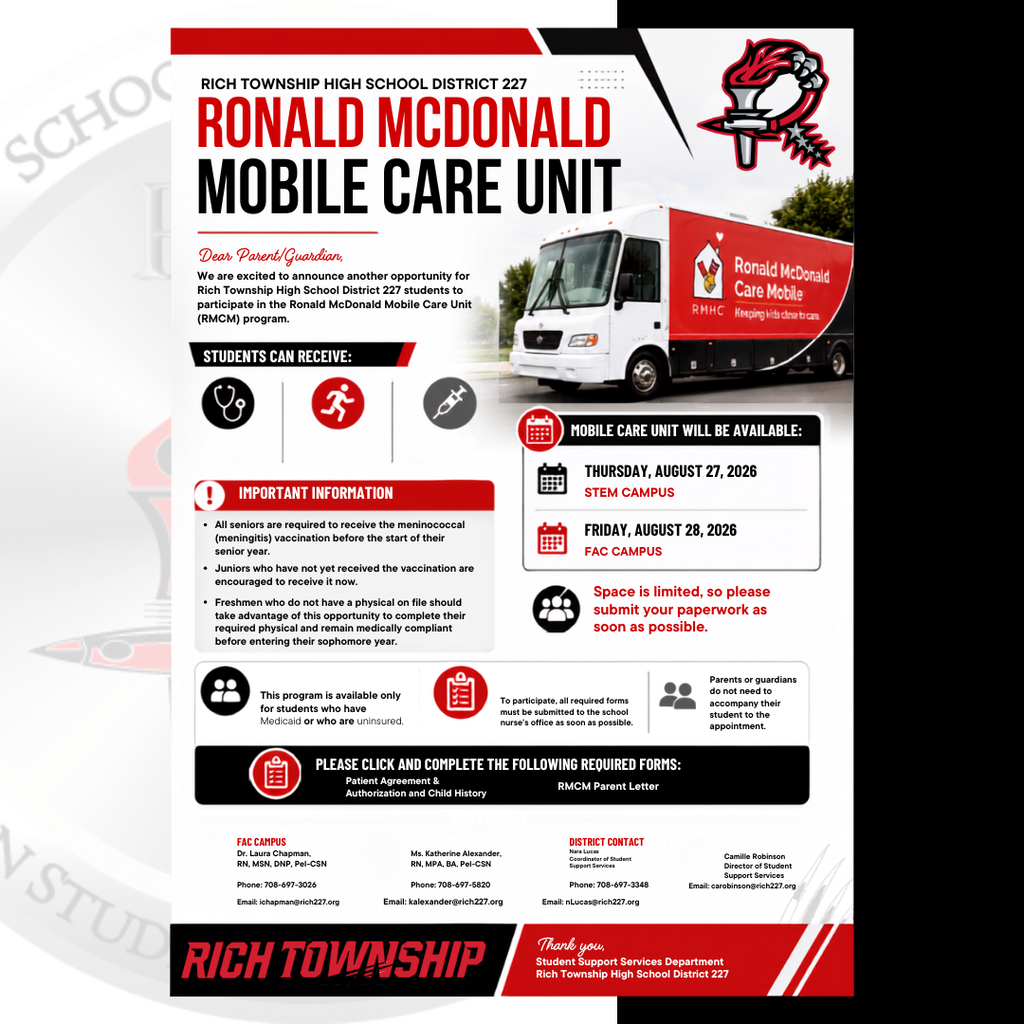 Red, black, and white Rich Township High School District 227 graphic promoting the Ronald McDonald Mobile Care Unit. Students can receive school physicals, sports physicals, and required immunizations. The Mobile Care Unit will be at the STEM Campus on Thursday, August 27, 2026, and the FAC Campus on Friday, August 28, 2026. Space is limited, and families are encouraged to submit paperwork as soon as possible.