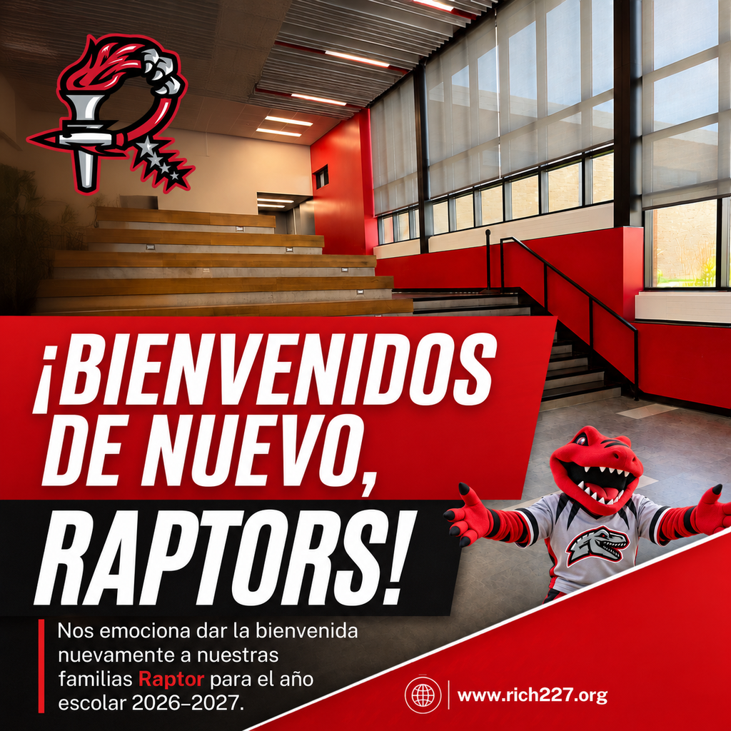 Gráfico de bienvenida de Rich Township High School con los colores rojo y negro de la escuela, una foto del interior moderno de la escuela, la mascota Raptor y el mensaje “¡Bienvenidos de Nuevo, Raptors!” con una nota de bienvenida a las familias Raptor para el año escolar 2026–2027.