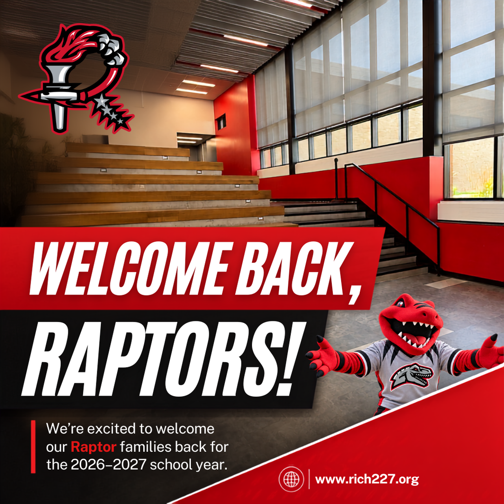 Rich Township High School welcome-back graphic featuring the school’s red-and-black branding, a photo of a modern school interior, the Raptor mascot, and the message “Welcome Back, Raptors!” with a note welcoming Raptor families for the 2026–2027 school year.