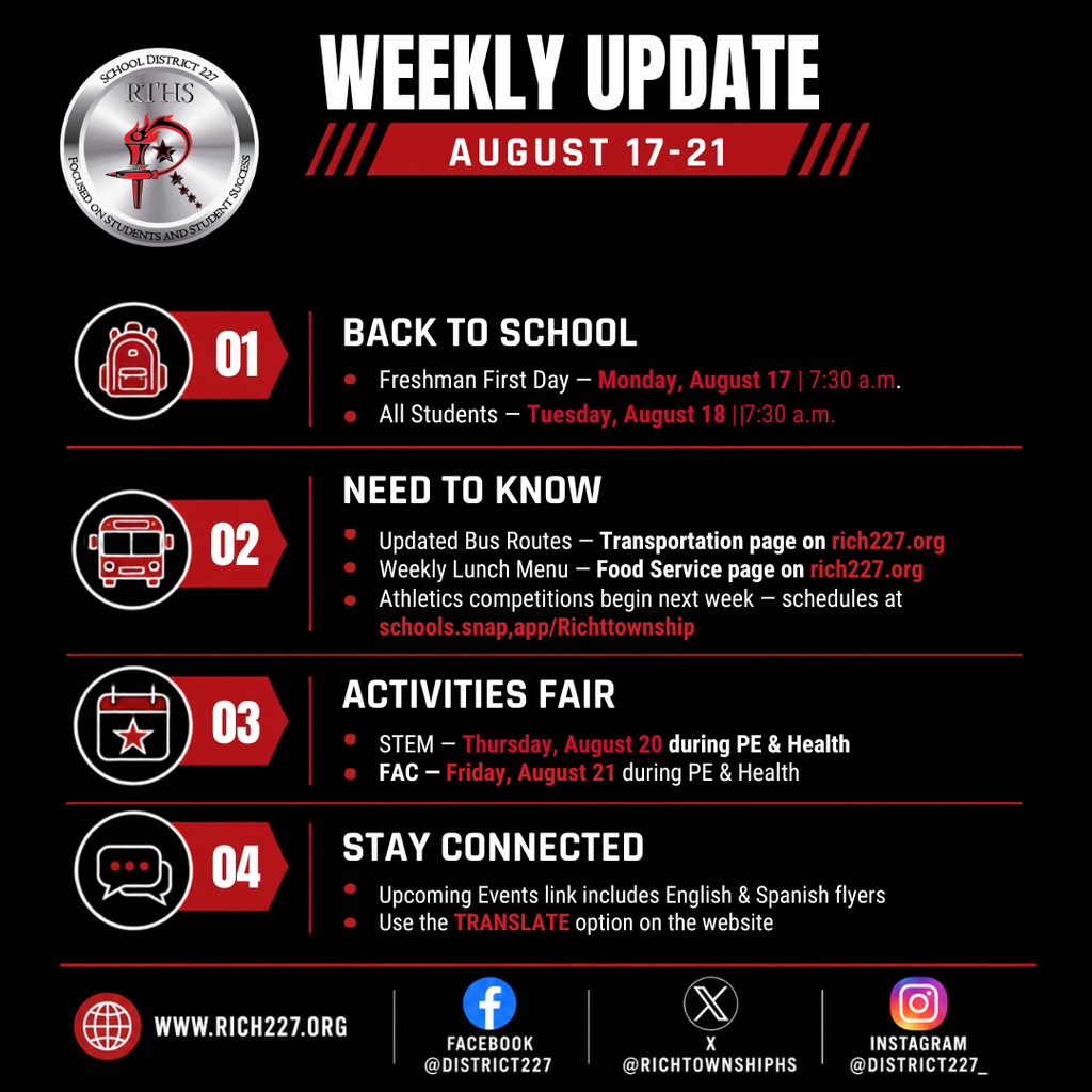 Rich Township High School District 227 Weekly Update graphic for August 17–21. Freshman First Day is Monday, August 17 at 7:30 a.m., and all students return Tuesday, August 18 at 7:30 a.m. Updated bus routes and weekly lunch menus are available on rich227.org. Athletic competitions begin next week. Activities Fairs will be held at STEM on Thursday, August 20, and FAC on Friday, August 21, during PE and Health classes. Families are encouraged to visit the Upcoming Events section, use the website TRANSLATE option, and follow the district on Facebook, X, and Instagram.