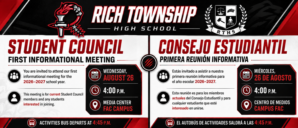 Bilingual Rich Township High School Student Council informational meeting graphic, with English on the left and Spanish on the right. The meeting is Wednesday, August 26 at 4:00 p.m. in the Media Center at the FAC Campus. It is open to current Student Council members and students interested in joining. The Activities Bus departs at 4:45 p.m.