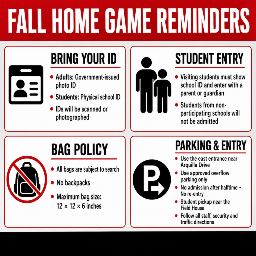 Red, black and white infographic titled “Fall Home Game Reminders.” All guests must present identification; adults need a government-issued photo ID, and students need their physical school ID. Visiting students must show school ID and enter with a parent or guardian. All bags are subject to search; backpacks and bags larger than 12 × 12 × 6 inches are prohibited. Guests should use the east entrance near Arquilla Drive and approved parking areas. No admission after halftime or re-entry. Student pickup is near the Field House.