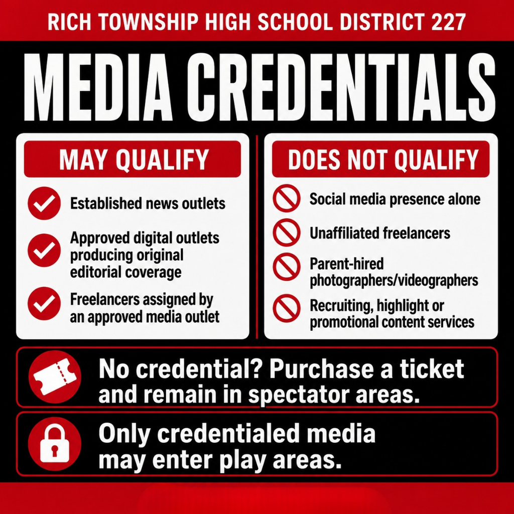 Red, black and white Rich Township High School District 227 infographic titled “Media Credentials.” Established news outlets, approved digital outlets producing original editorial coverage, and freelancers assigned by approved media outlets may qualify. Social media presence alone, unaffiliated freelancers, parent-hired photographers or videographers, and recruiting, highlight or promotional content services do not qualify. Anyone without approved credentials must purchase a ticket and remain in spectator areas. Only credentialed media may enter play areas.