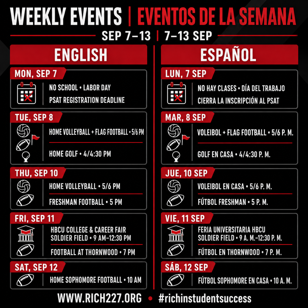 English alt text: Bilingual Rich Township weekly-events graphic for September 7–13, using a black, charcoal, red, white and gray design with event icons. Events include no school for Labor Day and the PSAT registration deadline on September 7; home volleyball, flag football and golf on September 8; home volleyball and freshman football on September 10; the HBCU College & Career Fair at Soldier Field from 9:00 a.m.–12:30 p.m. and varsity football at Thornwood at 7:00 p.m. on September 11; and home sophomore football at 10:00 a.m. on September 12. Texto alternativo en español: Gráfico bilingüe de eventos semanales de Rich Township para el 7–13 de septiembre, con un diseño negro, gris, rojo y blanco e íconos de eventos. Incluye: no hay clases por el Día del Trabajo y cierra la inscripción al PSAT el 7 de septiembre; voleibol, flag football y golf en casa el 8 de septiembre; voleibol y fútbol americano freshman en casa el 10 de septiembre; la Feria Universitaria y Profesional de HBCU en Soldier Field de 9:00 a. m.–12:30 p. m. y fútbol americano varsity en Thornwood a las 7:00 p. m. el 11 de septiembre; y fútbol americano sophomore en casa a las 10:00 a. m. el 12 de septiembre.