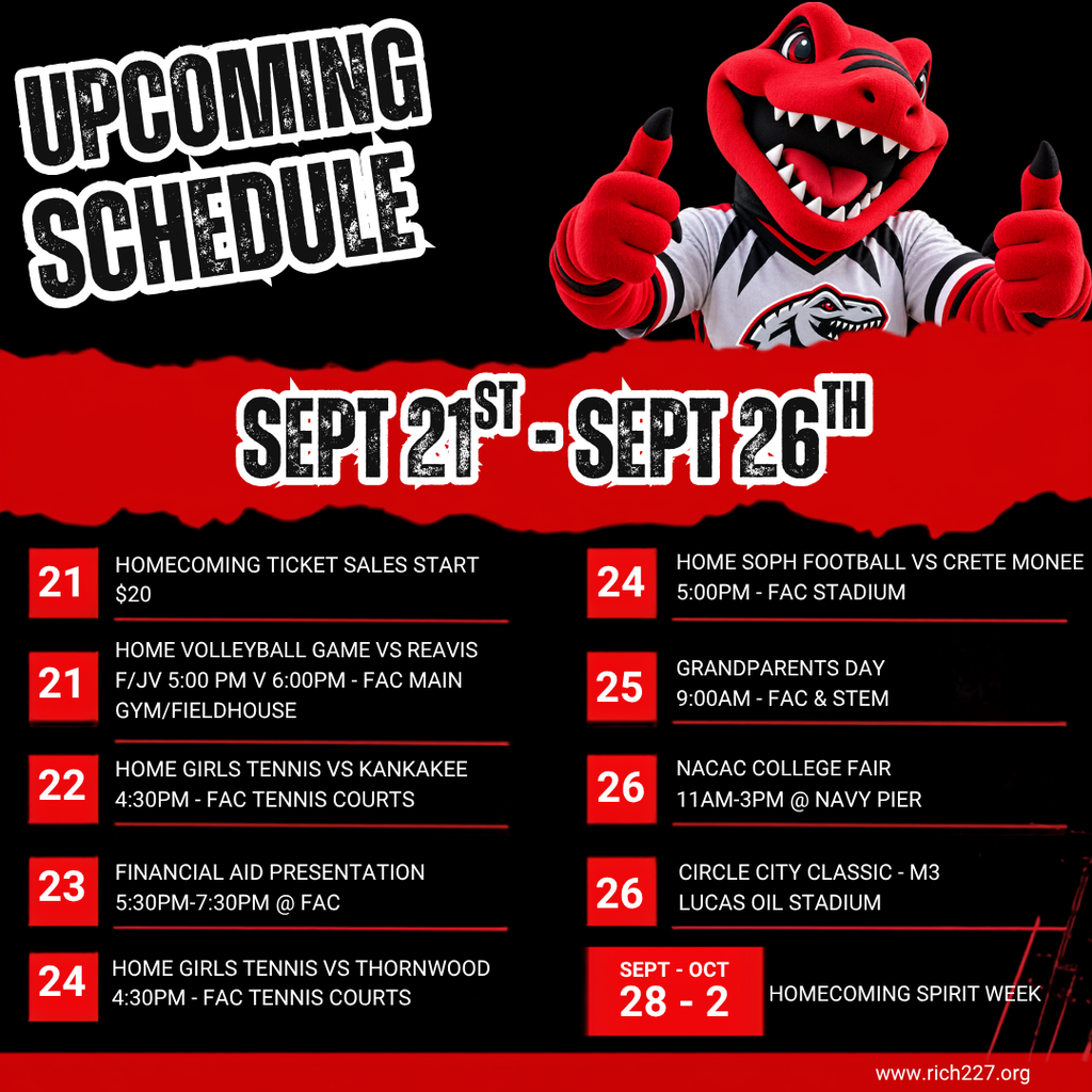 Rich Township weekly-events graphic for September 21–27. Events include Homecoming Dance ticket sales and home volleyball on September 21; home girls tennis on September 22; a Financial Aid Presentation at FAC on September 23; home tennis and sophomore football on September 24; Grandparents Day at FAC and STEM on September 25; and the NACAC College Fair and Circle City Classic at Lucas Oil Stadium on September 26. A featured panel announces Homecoming Spirit Week from September 28 through October 2 and lists each daily theme.