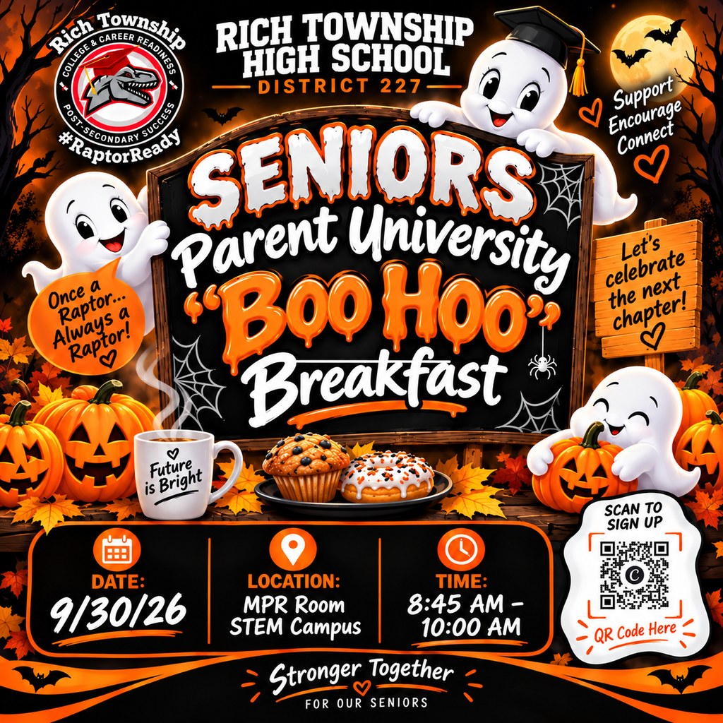 Halloween-themed Rich Township High School District 227 flyer for the Senior Parent University “Boo Hoo” Breakfast. The event is Wednesday, September 30, 2026, from 8:45 to 10:00 AM in the MPR Room at the STEM Campus. The graphic features black, orange, and white school colors, friendly ghosts, pumpkins, fall leaves, breakfast items, the College & Career Readiness logo, and a QR code for registration. The message emphasizes supporting, encouraging, and connecting with senior families as students prepare for their next chapter.