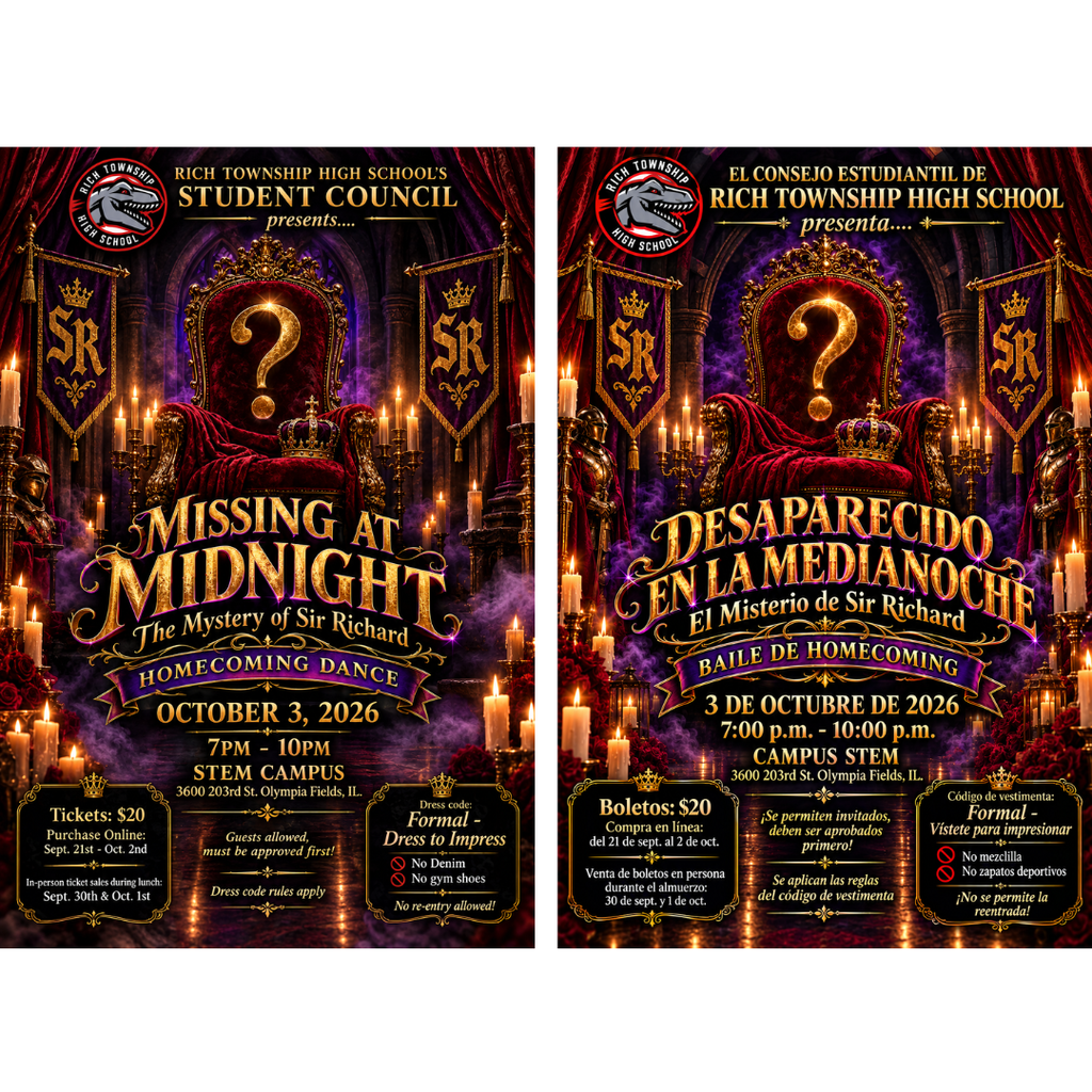 Homecoming Dance 2026 ticket and guest-form graphic. A central purple-and-gold poster shows an ornate throne with a question mark and the theme “Missing at Midnight: The Mystery of Sir Richard.” The dance is October 3, 2026, from 7–10 p.m. at the STEM Campus. Tickets cost $20. Online sales run September 21–October 2; in-person lunch sales are September 30 and October 1. QR codes and links for tickets and guest forms appear on either side. Guests require advance approval. Formal attire is required; no denim or re-entry. Español Gráfico del baile de Homecoming 2026 con información sobre boletos y formularios para invitados. El cartel central, en morado y dorado, muestra un trono decorado con un signo de interrogación y el tema “Missing at Midnight: The Mystery of Sir Richard.” El baile será el 3 de octubre de 2026, de 7 a 10 p. m., en el campus STEM. Los boletos cuestan $20. La venta en línea es del 21 de septiembre al 2 de octubre; la venta durante el almuerzo será el 30 de septiembre y el 1 de octubre. A ambos lados aparecen códigos QR y enlaces. Los invitados requieren aprobación previa. Vestimenta formal, sin mezclilla y sin reingreso.