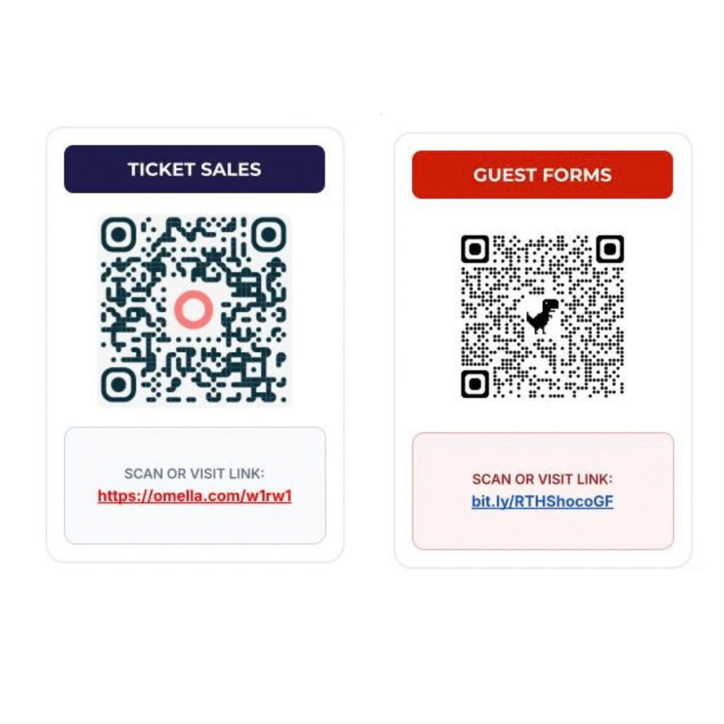 Two side-by-side panels provide Homecoming ticket and guest-form information. The left panel, labeled “Ticket Sales,” includes a QR code and the link https://omella.com/w1rw1. The right panel, labeled “Guest Forms,” includes a QR code and the link https://bit.ly/RTHShocoGF. Scan the appropriate QR code or visit the corresponding link to purchase tickets or access the guest form. Texto alternativo en español Dos paneles muestran información sobre boletos y formularios para invitados al baile de Homecoming. El panel izquierdo, titulado “Venta de boletos,” incluye un código QR y el enlace https://omella.com/w1rw1. El panel derecho, titulado “Formularios para invitados,” incluye un código QR y el enlace https://bit.ly/RTHShocoGF. Escanea el código QR o visita el enlace correspondiente para comprar boletos o acceder al formulario para invitados.