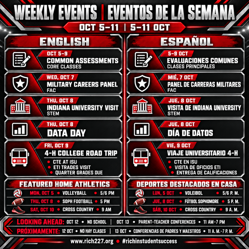 English alt text: Square bilingual Rich Township High School District 227 weekly-events graphic for October 5–11. English appears on the left and Spanish on the right in a stylized black, charcoal, red, white and silver design. The graphic lists Common Assessments in core classes from October 5–9; the Military Careers Panel at FAC on Wednesday, October 7; Data Day and an Indiana University visit at STEM on Thursday, October 8; and the 4-H College Road Trip, CTE visit to Illinois State University, ETI skilled-trades visit and end-of-quarter grade deadline on Friday, October 9. Featured home athletics are volleyball on October 5 at 5:00 and 6:00 p.m., sophomore football on October 8 at 5:00 p.m., and cross country on October 10 at 9:00 a.m. The graphic also announces no school on October 12 and Parent-Teacher Conferences from 11:00 a.m.–7:00 p.m. on October 13. The footer displays www.rich227.org and #richinstudentsuccess.  Texto alternativo en español: Gráfico cuadrado bilingüe de eventos semanales del Distrito 227 de Rich Township High School para el 5–11 de octubre. El inglés aparece a la izquierda y el español a la derecha en un diseño estilizado en negro, gris oscuro, rojo, blanco y plateado. El gráfico incluye Evaluaciones Comunes en las clases principales del 5–9 de octubre; el Panel de Carreras Militares en FAC el miércoles 7 de octubre; el Día de Datos y una visita de Indiana University en STEM el jueves 8 de octubre; y el Viaje Universitario de 4-H, la visita de CTE a Illinois State University, la visita de oficios especializados a ETI y la fecha límite para entregar las calificaciones del trimestre el viernes 9 de octubre. Los deportes destacados en casa son voleibol el 5 de octubre a las 5:00 y 6:00 p. m., fútbol americano sophomore el 8 de octubre a las 5:00 p. m. y cross country el 10 de octubre a las 9:00 a. m. El gráfico también anuncia que no habrá clases el 12 de octubre y que las Conferencias de Padres y Maestros serán de 11:00 a. m. a 7:00 p. m. el 13 de octubre. El pie muestra www.rich227.org y #richinstudentsuccess.