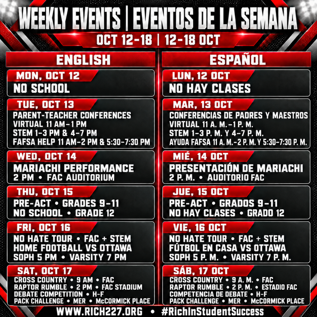 Square bilingual Rich Township High School District 227 weekly-events graphic for October 12–18. English appears on the left and Spanish on the right in a stylized red, black, white and gray sports-themed design. The graphic announces no school Monday, October 12; Parent-Teacher Conferences Tuesday, October 13, with virtual appointments from 11:00 a.m.–1:00 p.m. and in-person conferences at STEM from 1:00–3:00 p.m. and 4:00–7:00 p.m.; FAFSA assistance from 11:00 a.m.–2:00 p.m. and 5:30–7:30 p.m.; a Mariachi Performance at 2:00 p.m. Wednesday, October 14, in the FAC Auditorium; Pre-ACT testing for grades 9–11 and no school for grade 12 Thursday, October 15; No Hate Tour assemblies at FAC and STEM and home football against Ottawa Township, with sophomore at 5:00 p.m. and varsity at 7:00 p.m., Friday, October 16; and a boys and girls Cross Country meet at 9:00 a.m. at FAC, Raptor Rumble at 2:00 p.m. at FAC Stadium, the Debate Competition at Homewood-Flossmoor High School, and the Manufacturing Engineering and Robotics PACK Challenge at McCormick Place on Saturday, October 17. The footer displays www.rich227.org and #RichInStudentSuccess.  Gráfico cuadrado bilingüe de eventos semanales del Distrito 227 de Rich Township High School para el 12–18 de octubre. El inglés aparece a la izquierda y el español a la derecha en un diseño deportivo estilizado en rojo, negro, blanco y gris. El gráfico anuncia que no habrá clases el lunes 12 de octubre; Conferencias de Padres y Maestros el martes 13 de octubre, con citas virtuales de 11:00 a. m.–1:00 p. m. y conferencias presenciales en STEM de 1:00–3:00 p. m. y 4:00–7:00 p. m.; ayuda con FAFSA de 11:00 a. m.–2:00 p. m. y 5:30–7:30 p. m.; Presentación de Mariachi a las 2:00 p. m. el miércoles 14 de octubre en el Auditorio FAC; Pre-ACT para los grados 9–11 y no hay clases para el grado 12 el jueves 15 de octubre; asambleas de No Hate Tour en FAC y STEM y fútbol americano en casa contra Ottawa Township, con sophomore a las 5:00 p. m. y varsity a las 7:00 p. m., el viernes 16 de octubre; y una competencia de Cross Country masculino y femenino a las 9:00 a. m. en FAC, Raptor Rumble a las 2:00 p. m. en el Estadio FAC, la Competencia de Debate en Homewood-Flossmoor High School y el PACK Challenge de Ingeniería de Manufactura y Robótica en McCormick Place el sábado 17 de octubre. El pie muestra www.rich227.org y #RichInStudentSuccess.