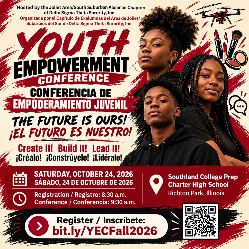 Gráfico promocional en tonos burdeos, crema y negro para la Conferencia de Empoderamiento Juvenil. Aparecen tres estudiantes junto a imágenes que representan los drones y STEM, los cosméticos y una conversación de apoyo. El gráfico incluye el lema “¡El futuro es nuestro! ¡Créalo! ¡Constrúyelo! ¡Lidéralo!” y su versión en inglés. El evento será el sábado 24 de octubre de 2026 en Southland College Prep Charter High School, en Richton Park. El registro es a las 8:30 a. m., la conferencia comienza a las 9:30 a. m. y el enlace de inscripción es bit.ly/YECFall2026.