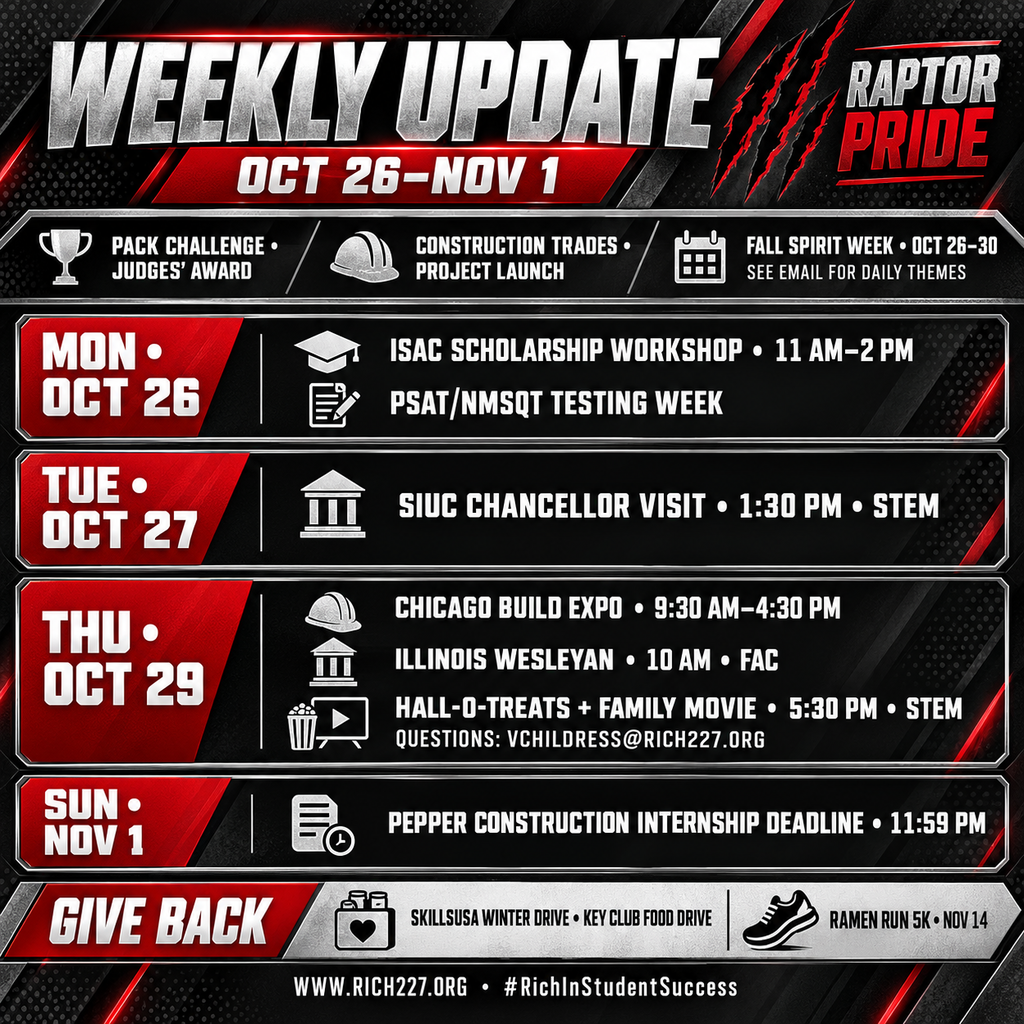 Square weekly-update graphic for October 26–November 1 celebrating the PACK Challenge Judges’ Award and Construction Trades project launch. Events include Fall Spirit Week, the ISAC Scholarship Workshop, PSAT/NMSQT testing, SIUC Chancellor visit, Chicago Build Expo, Illinois Wesleyan presentation, Hall-o-Treats and Family Movie Night, and the Pepper Construction internship deadline. The footer promotes the SkillsUSA and Key Club drives and November 14 Ramen Run 5K.