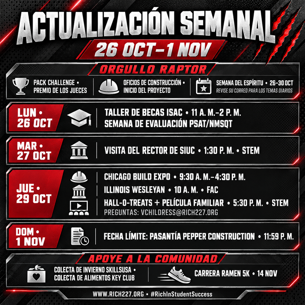 Gráfico cuadrado de eventos semanales para el 26 de octubre al 1 de noviembre que celebra el Premio de los Jueces del PACK Challenge y el inicio del proyecto de Oficios de Construcción. Incluye la Semana del Espíritu, Taller de Becas ISAC, evaluación PSAT/NMSQT, visita del rector de SIUC, Chicago Build Expo, presentación de Illinois Wesleyan, Hall-o-Treats y Película Familiar, y la fecha límite para la pasantía con Pepper Construction. El pie promueve las colectas de SkillsUSA y Key Club y la Carrera Ramen 5K del 14 de noviembre.