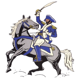 Raider riding a grey horse.