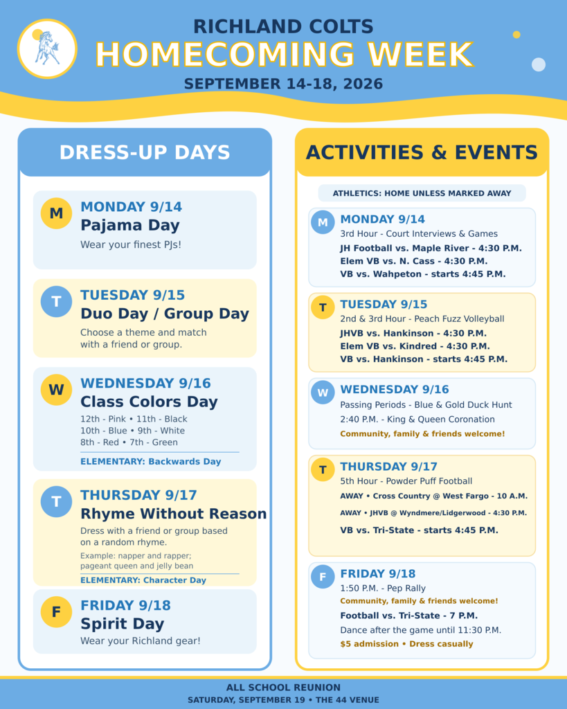 poster with information on dress up days and events during homecoming week