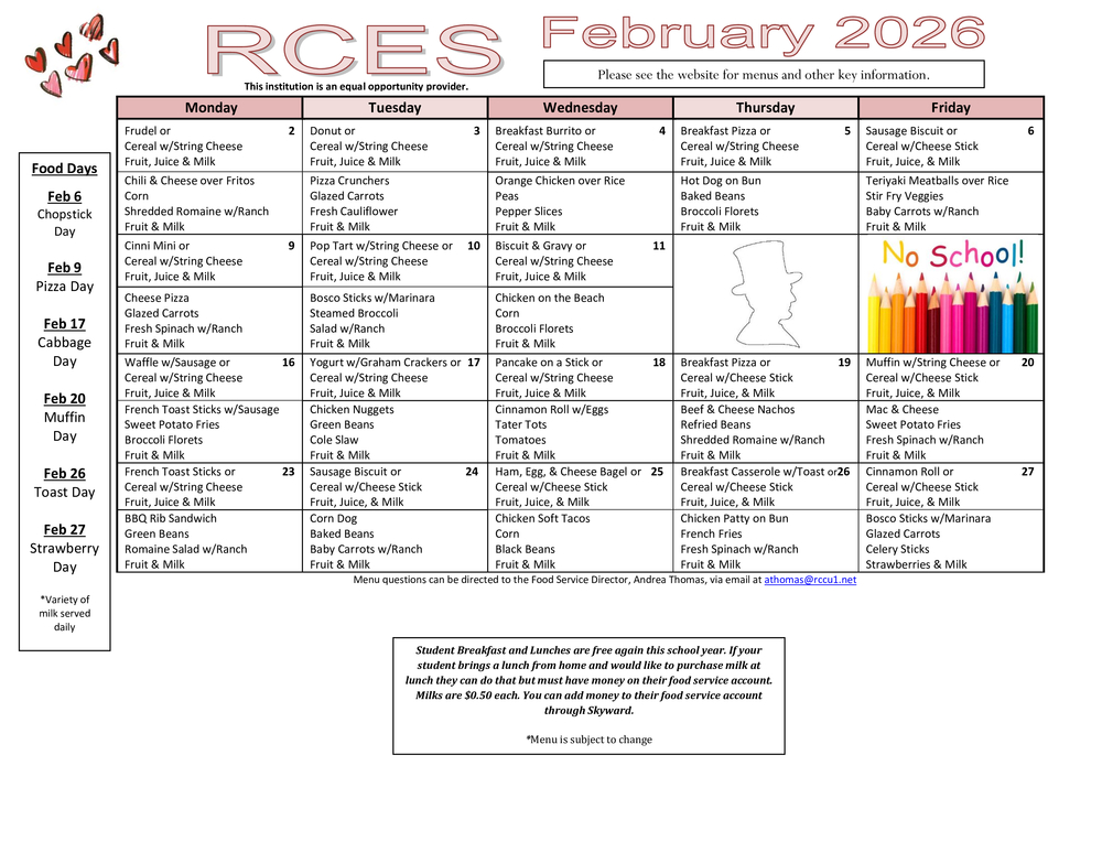 RCES Feb 2026 Menu
