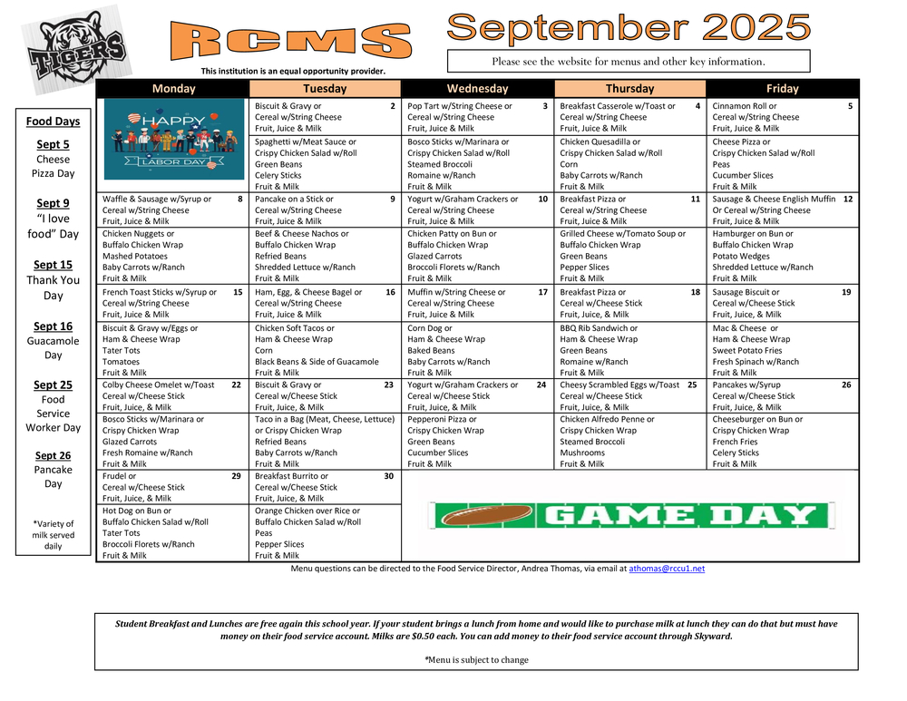 RCMS Sept 2025 Menu