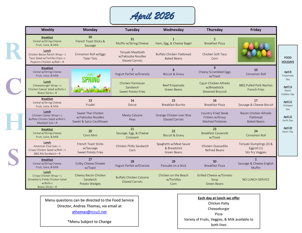 RCHS April 2026 Menu