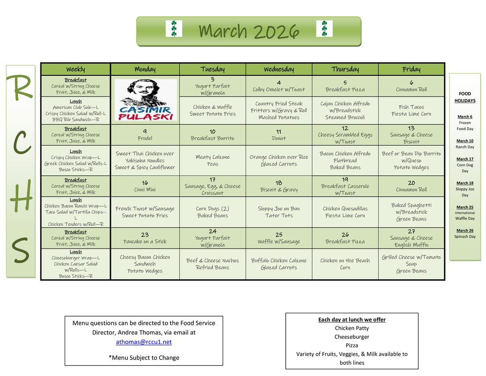 RCHS March 2026 Menu