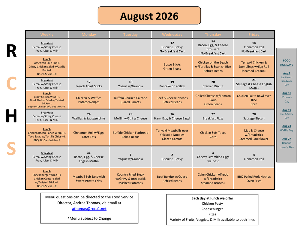 RCHS Aug 2026 Menu