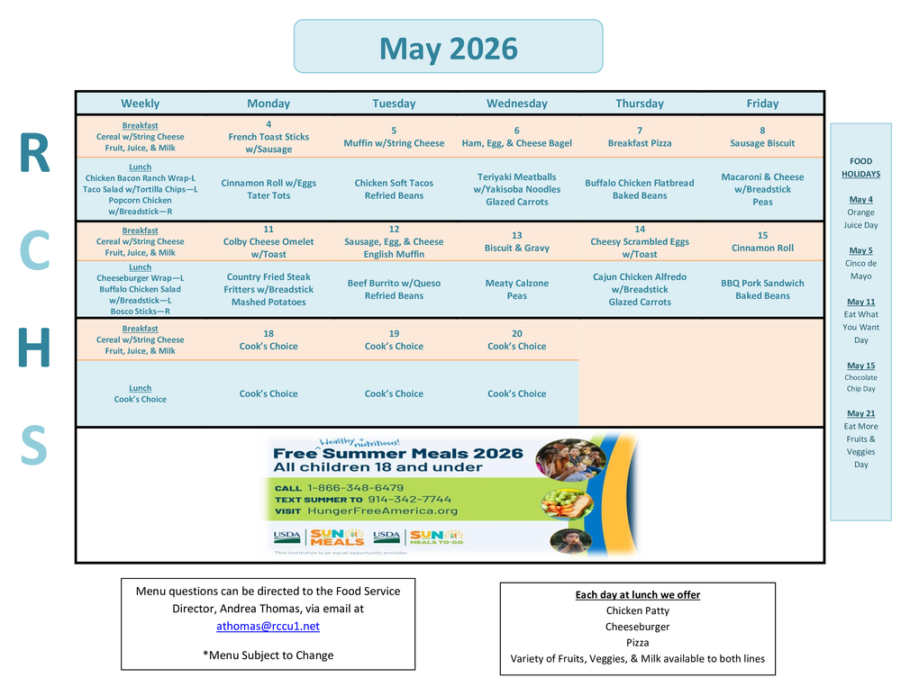 RCHS May 2026 Menu